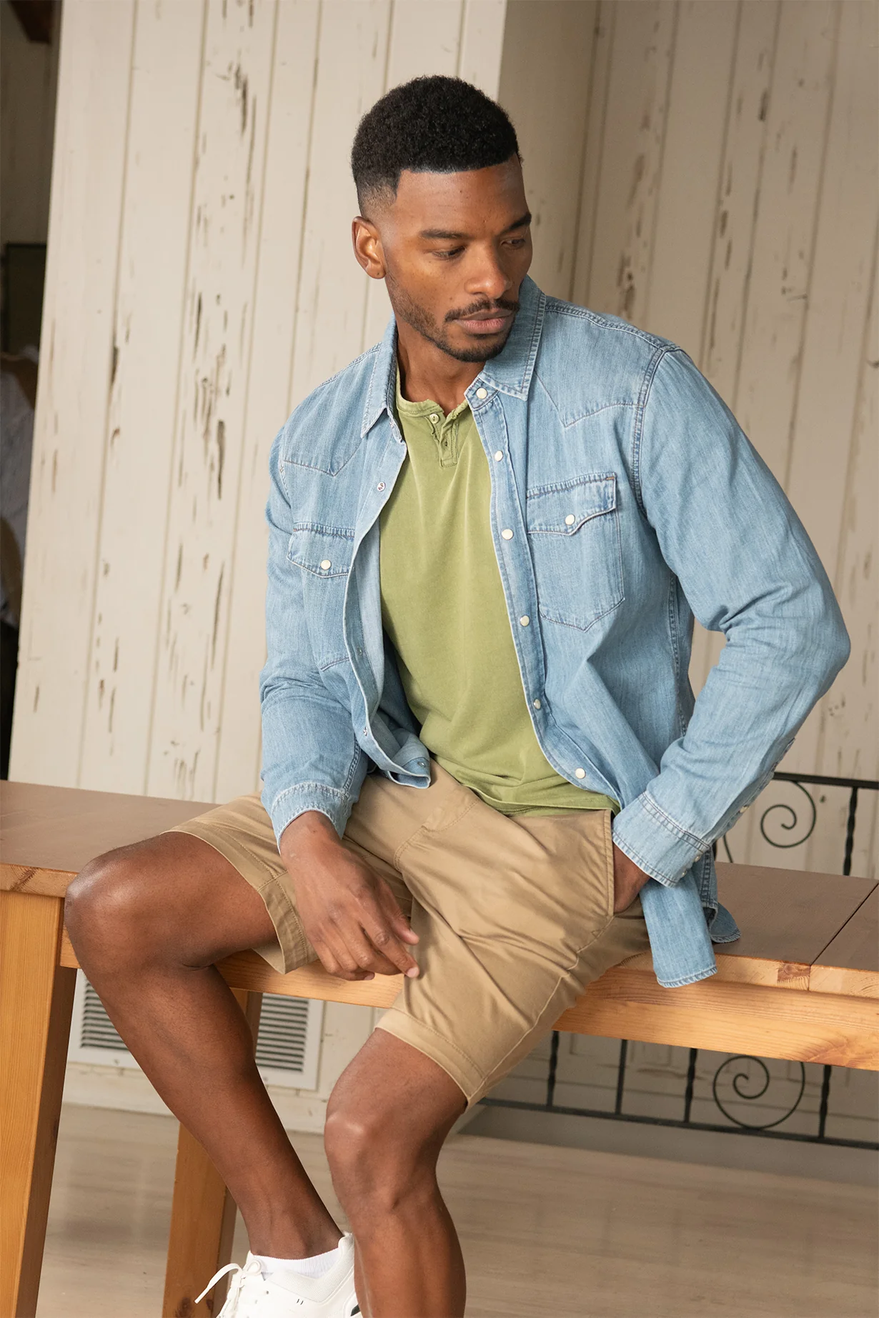 Short Sleeve Vintage Henley - Oil Green - Image 2